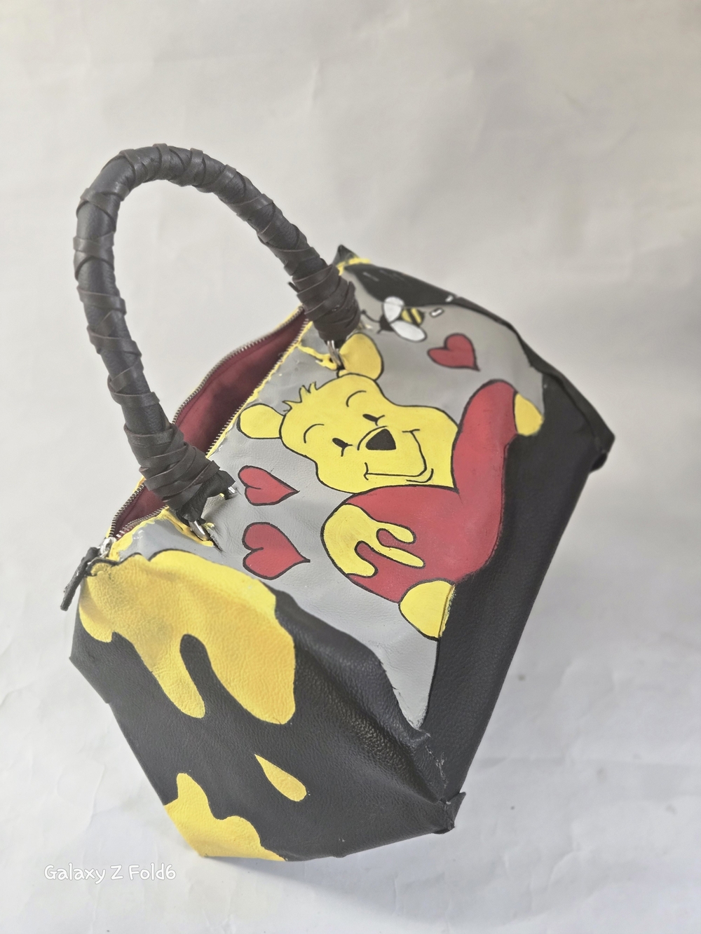 Hand-Painted Black Satchel with Yellow & Red Winnie Bear Motif